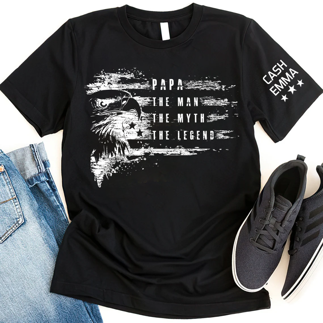 Custom Papa The Man The Myth The Legend Patriotic Eagle and Grandkids, America 250th, America Flag Independence Day Gift T-shirt