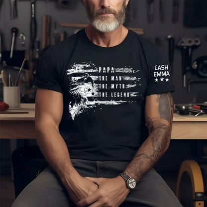 Custom Papa The Man The Myth The Legend Patriotic Eagle and Grandkids, America 250th, America Flag Independence Day Gift T-shirt