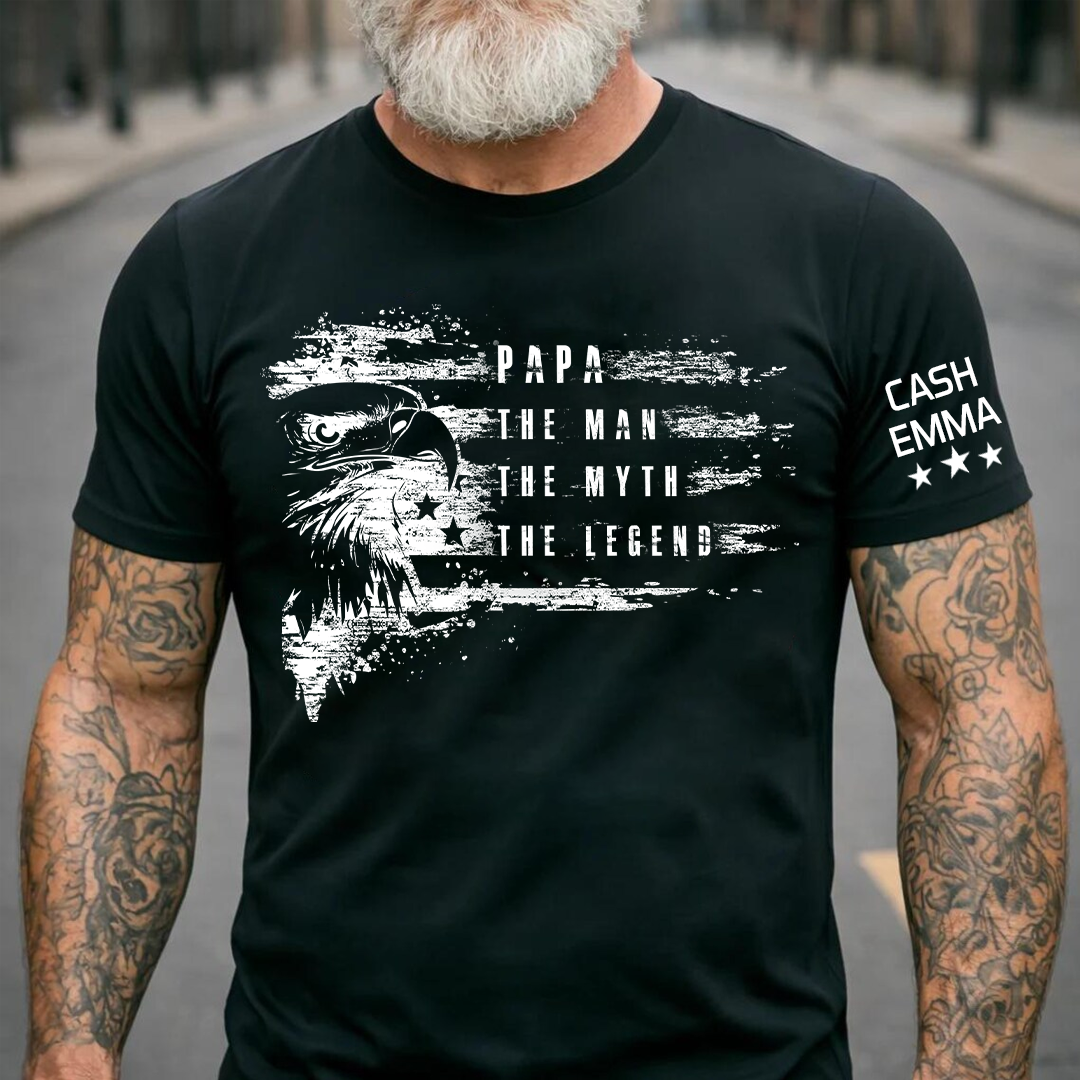 Custom Papa The Man The Myth The Legend Patriotic Eagle and Grandkids, America 250th, America Flag Independence Day Gift T-shirt
