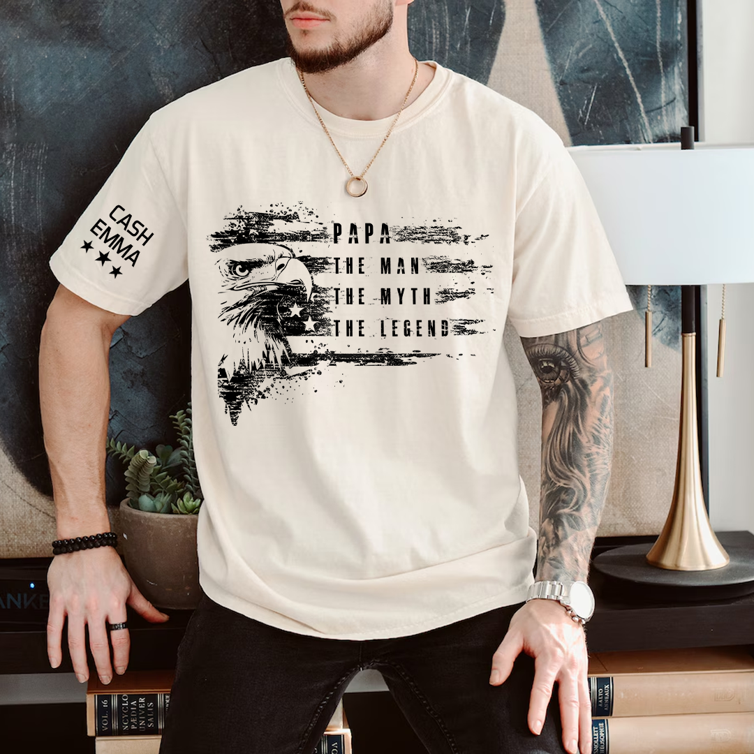 Custom Papa The Man The Myth The Legend Patriotic Eagle and Grandkids, America 250th, America Flag Independence Day Gift T-shirt