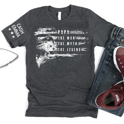 Custom Papa The Man The Myth The Legend Patriotic Eagle and Grandkids, America 250th, America Flag Independence Day Gift T-shirt