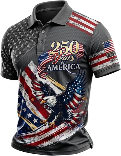 Custom Patriotic American Flag Polo Shirt for Men - American 250th Anniversary 1776 2026 Polo, 4th of July Gifts