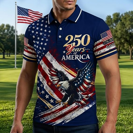 Custom Patriotic American Flag Polo Shirt for Men - American 250th Anniversary 1776 2026 Polo, 4th of July Gifts