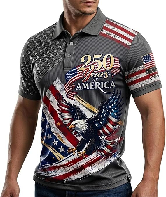 Custom Patriotic American Flag Polo Shirt for Men - American 250th Anniversary 1776 2026 Polo, 4th of July Gifts