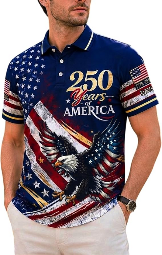 Custom Patriotic American Flag Polo Shirt for Men - American 250th Anniversary 1776 2026 Polo, 4th of July Gifts