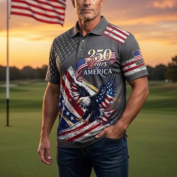 Custom Patriotic American Flag Polo Shirt for Men - American 250th Anniversary 1776 2026 Polo, 4th of July Gifts