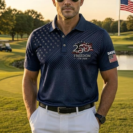 Custom Patriotic American Flag Polo Shirt for Men - American 250th Anniversary 1776 2026 Polo, 4th of July Gifts