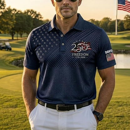 Custom Patriotic American Flag Polo Shirt for Men - American 250th Anniversary 1776 2026 Polo, 4th of July Gifts