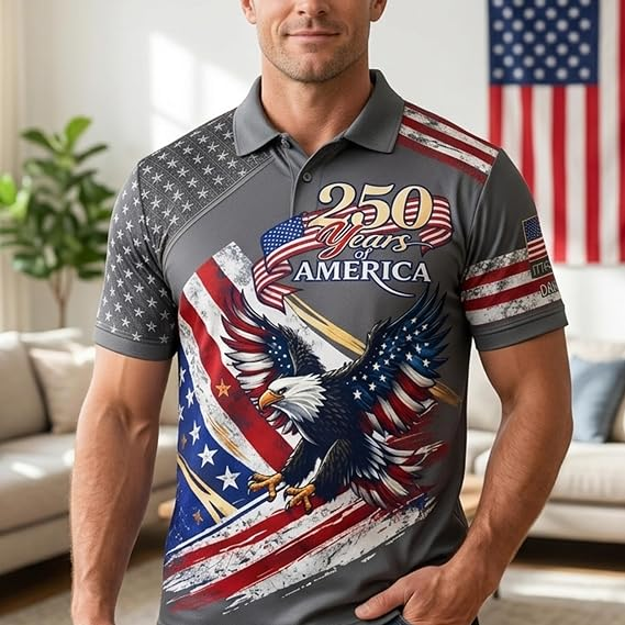Custom Patriotic American Flag Polo Shirt for Men - American 250th Anniversary 1776 2026 Polo, 4th of July Gifts