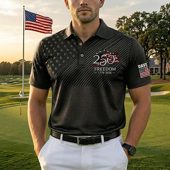 Custom Patriotic American Flag Polo Shirt for Men - American 250th Anniversary 1776 2026 Polo, 4th of July Gifts
