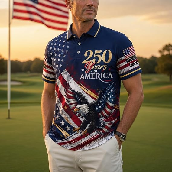 Custom Patriotic American Flag Polo Shirt for Men - American 250th Anniversary 1776 2026 Polo, 4th of July Gifts