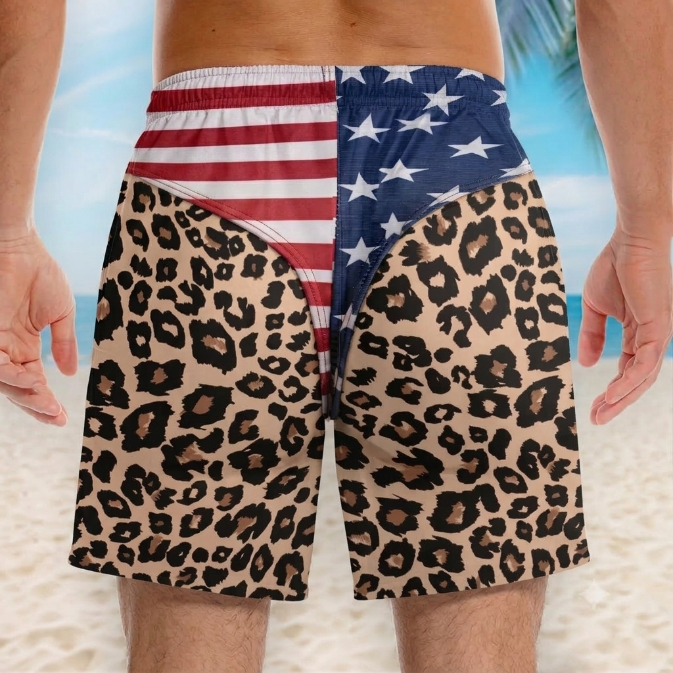 Custom Patriotic Men Swim Trunks, Personalized American Flag Leopard Beach Shorts, Funny Summer Vacation & Travel Gift for Men, Freedom Swimwear