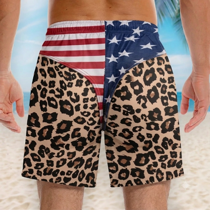 Custom Patriotic Men Swim Trunks, Personalized American Flag Leopard Beach Shorts, Funny Summer Vacation & Travel Gift for Men, Freedom Swimwear