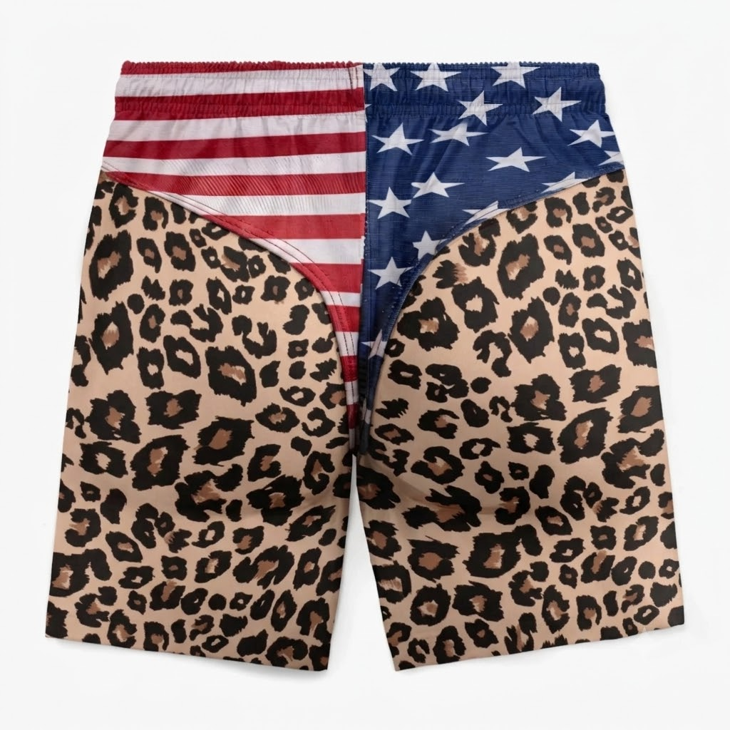 Custom Patriotic Men Swim Trunks, Personalized American Flag Leopard Beach Shorts, Funny Summer Vacation & Travel Gift for Men, Freedom Swimwear