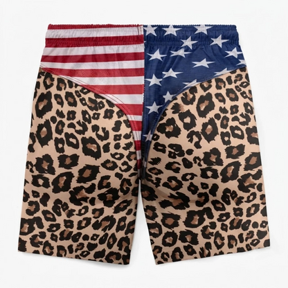 Custom Patriotic Men Swim Trunks, Personalized American Flag Leopard Beach Shorts, Funny Summer Vacation & Travel Gift for Men, Freedom Swimwear
