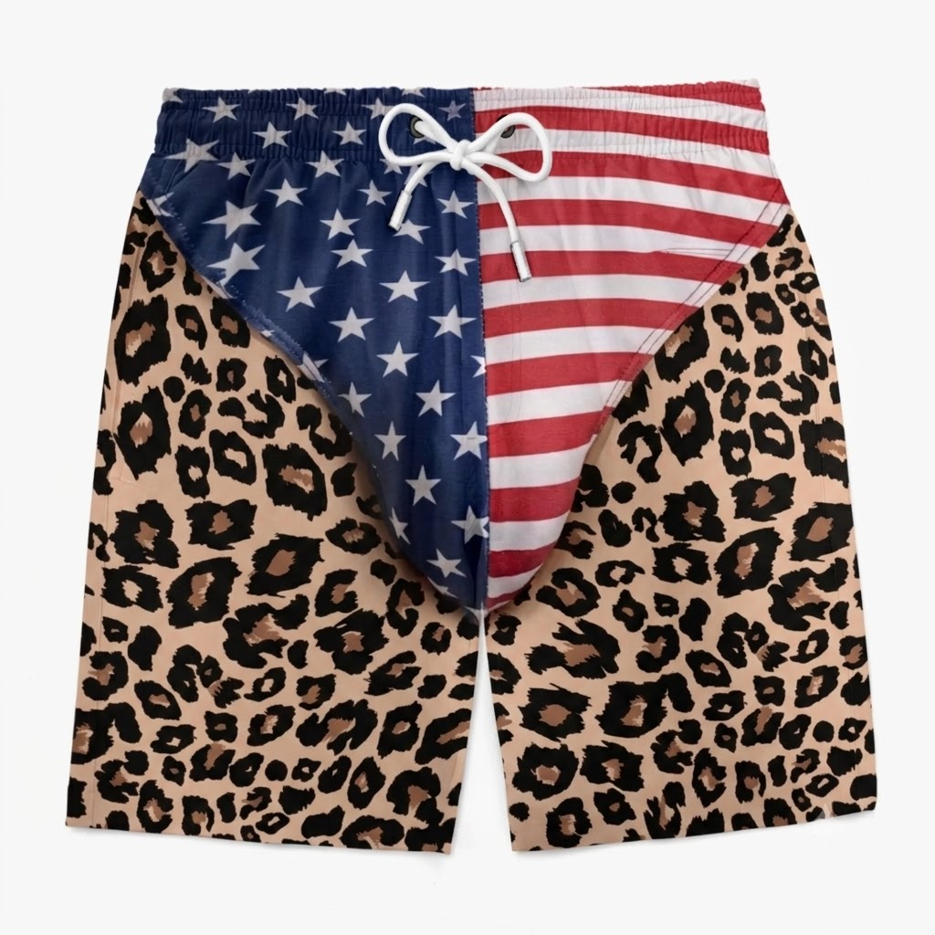 Custom Patriotic Men Swim Trunks, Personalized American Flag Leopard Beach Shorts, Funny Summer Vacation & Travel Gift for Men, Freedom Swimwear