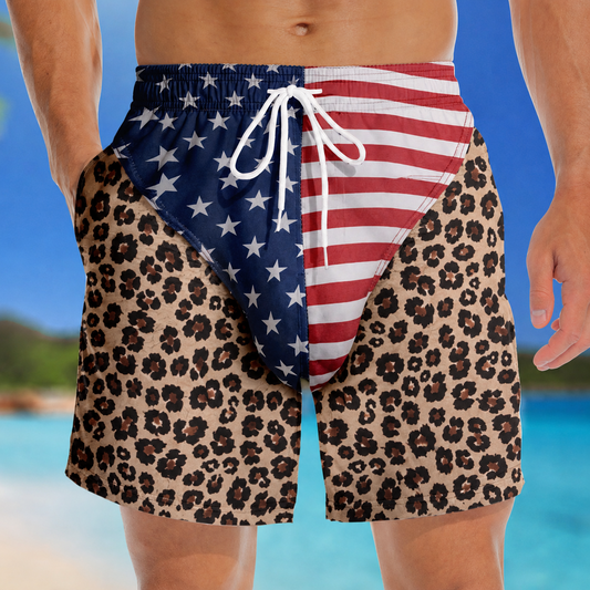Custom Patriotic Men Swim Trunks, Personalized American Flag Leopard Beach Shorts, Funny Summer Vacation & Travel Gift for Men, Freedom Swimwear