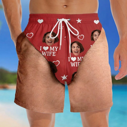 Custom Photo Men’s Swim Trunks - Personalized Face Print Beach Shorts, Funny Patriotic Summer Vacation Swimwear for Men