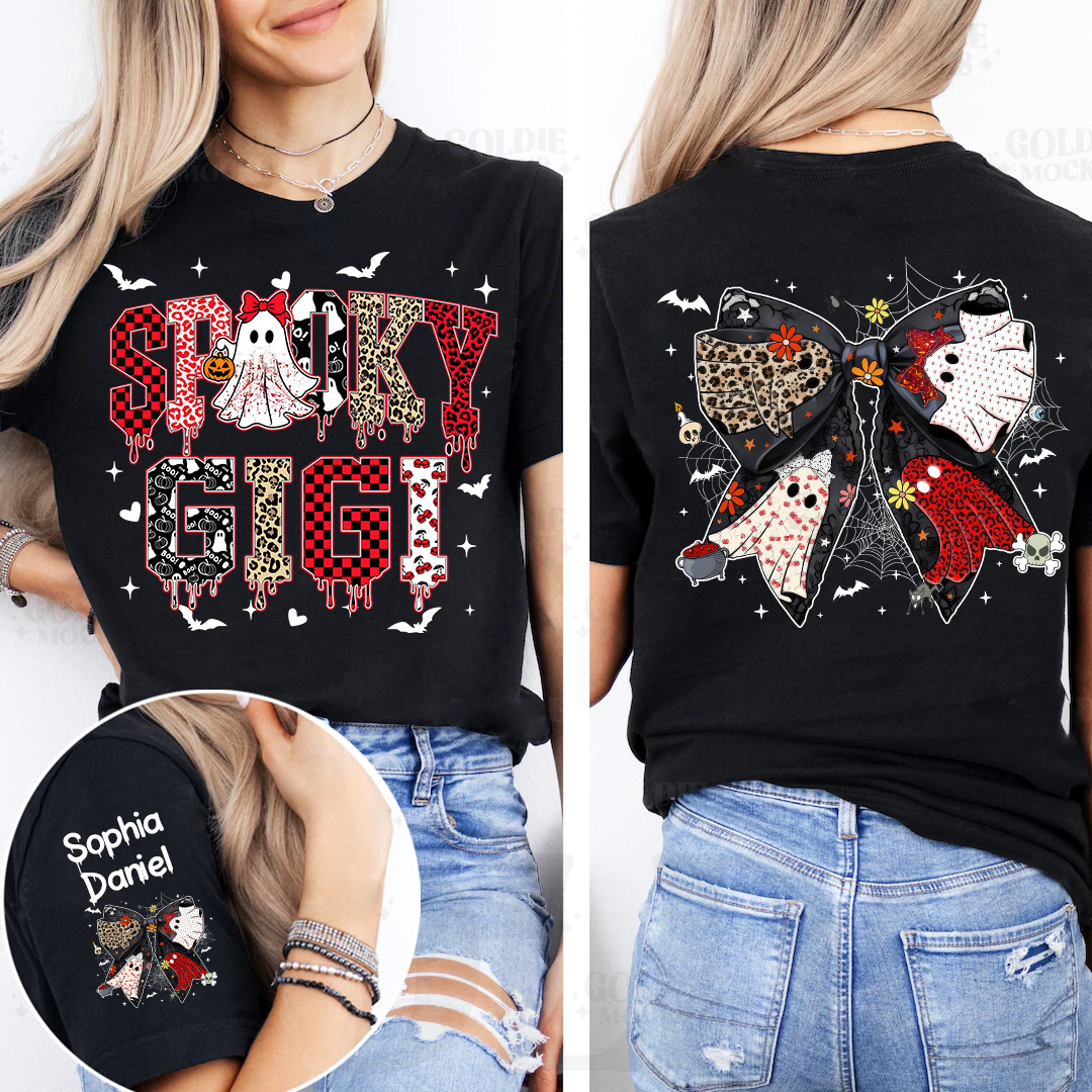 Custom Spooky Gigi And Grandkids Halloween Bow T-shirt