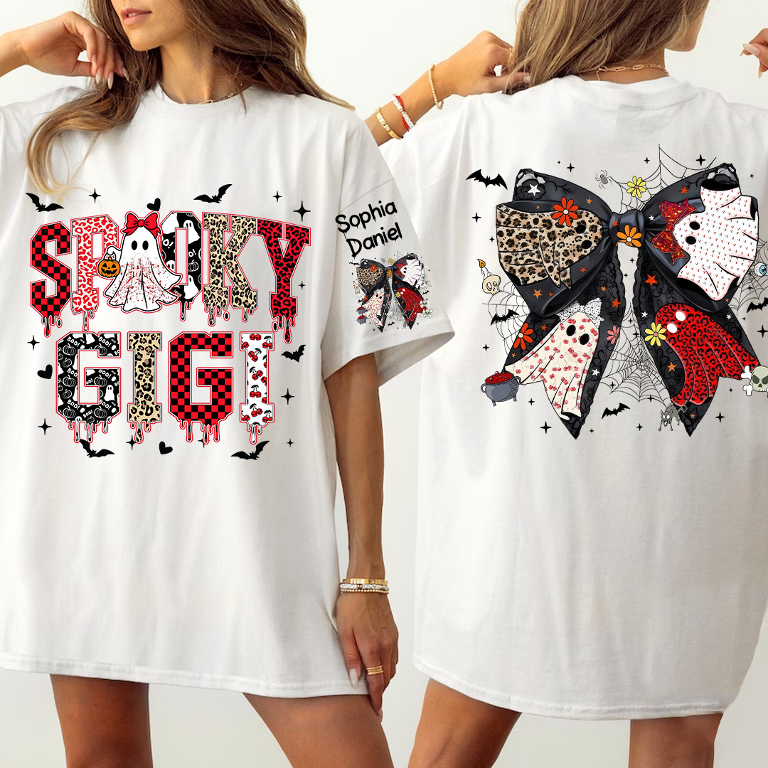 Custom Spooky Gigi And Grandkids Halloween Bow T-shirt