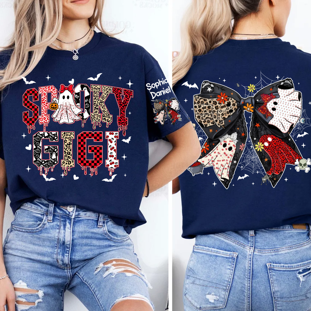 Custom Spooky Gigi And Grandkids Halloween Bow T-shirt