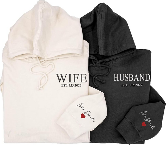 Custom Wife and Husband Embroidered Sweatshirt With Est Date, Custom Husband Est 2024 Hoodie, Custom Embroidered on Sleeve Wife Husband Hoodie, Sweatshirt
