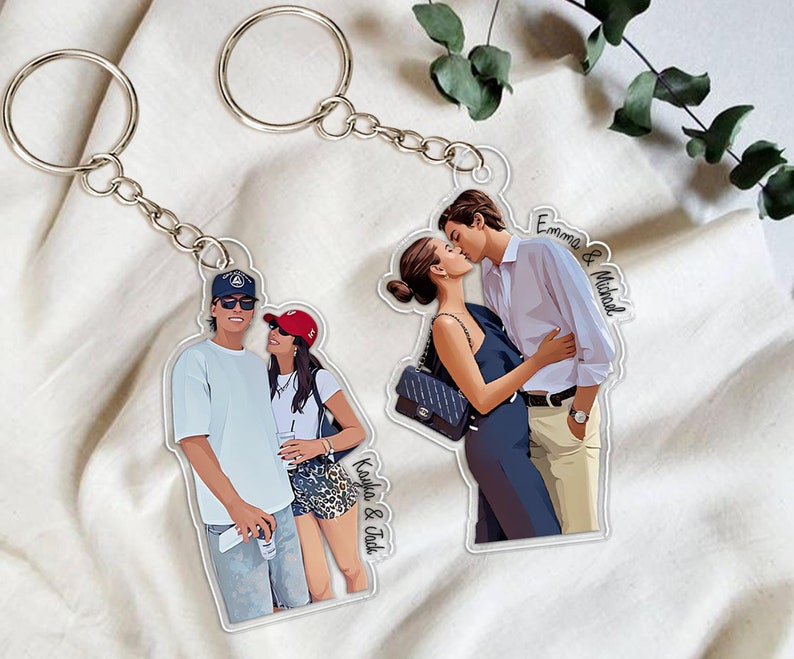 Custom Couple Photo Portrait, Personalized Keychain Matching Valentine Gift for Him