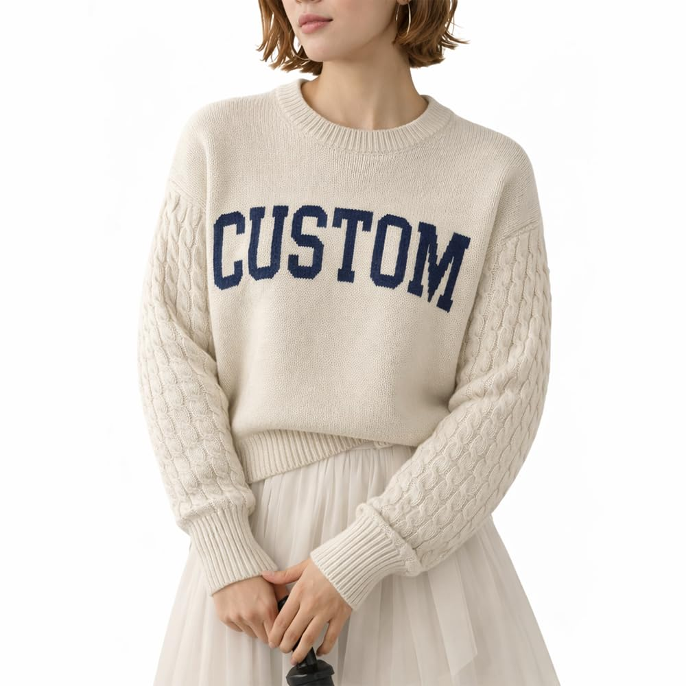 Personalized Cable Knit Sweater for Women, Custom Name Crewneck for Mom Grandma, Mothers Day Birthday Gift