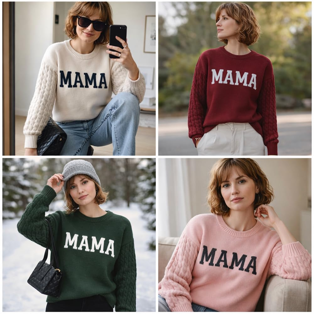 Personalized Cable Knit Sweater for Women, Custom Name Crewneck for Mom Grandma, Mothers Day Birthday Gift