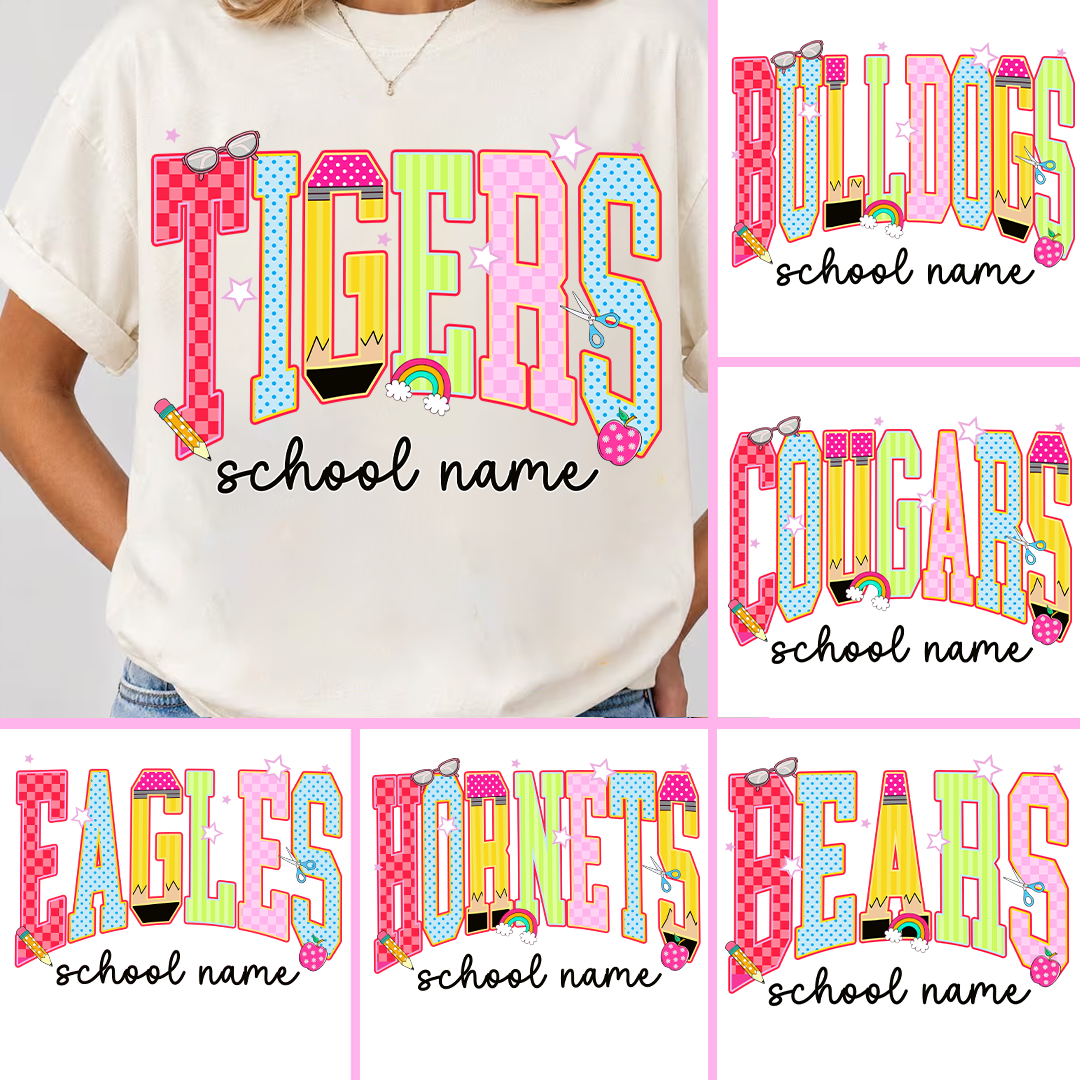 Custom Mascot, School Name Neon Coquette Polka Dots Checkered, Back To School