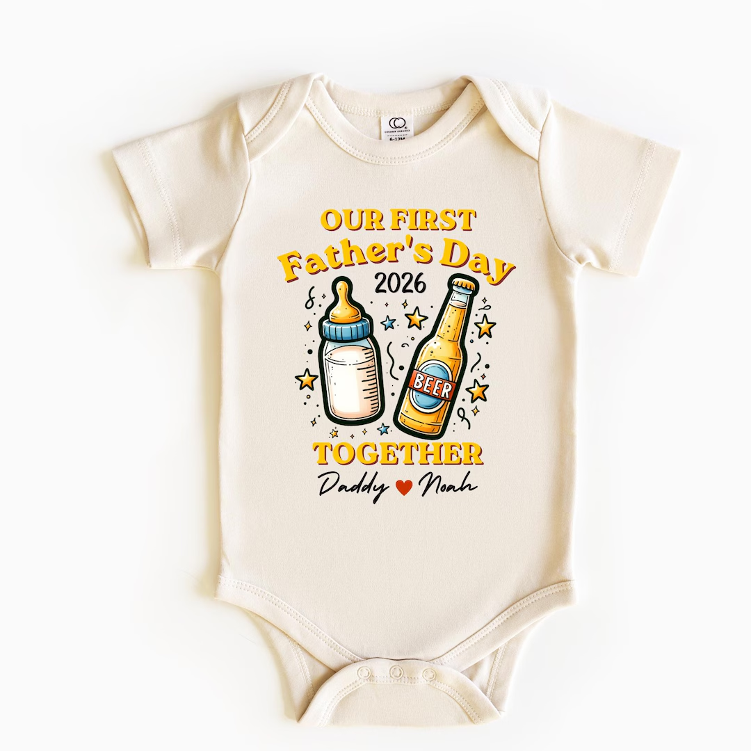 Custom Our First Father's Day Together Shirt, Matching Daddy and Baby Outfit, Beer Milk Bottle, Father's Day Gift