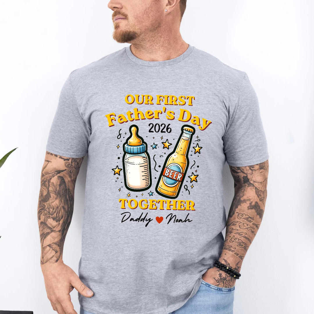 Custom Our First Father's Day Together Shirt, Matching Daddy and Baby Outfit, Beer Milk Bottle, Father's Day Gift