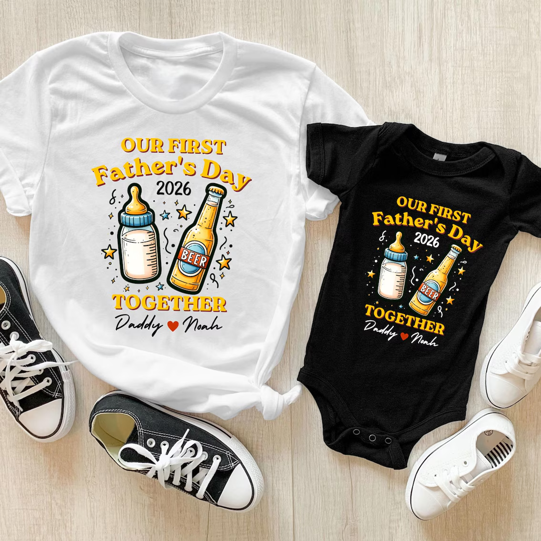 Custom Our First Father's Day Together Shirt, Matching Daddy and Baby Outfit, Beer Milk Bottle, Father's Day Gift