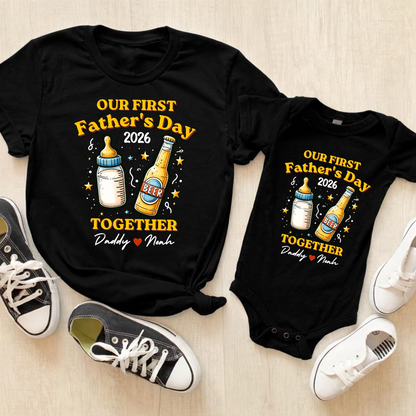 Custom Our First Father's Day Together Shirt, Matching Daddy and Baby Outfit, Beer Milk Bottle, Father's Day Gift