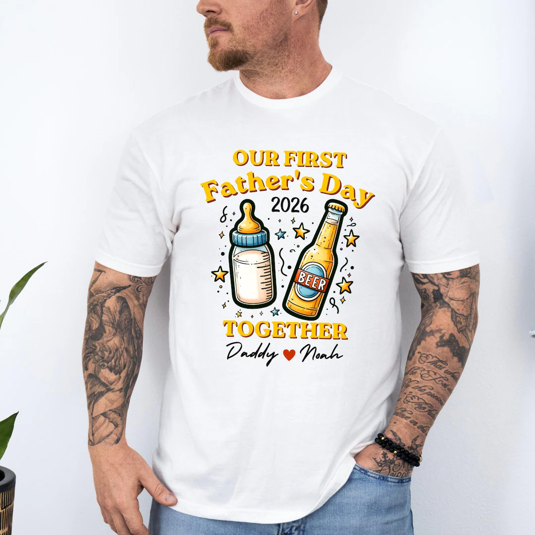 Custom Our First Father's Day Together Shirt, Matching Daddy and Baby Outfit, Beer Milk Bottle, Father's Day Gift