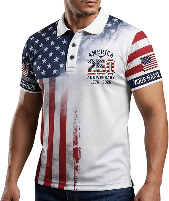 Custom Patriotic American Flag Polo Shirt for Men - American 250th Anniversary 1776 2026 Polo, 4th of July Gifts