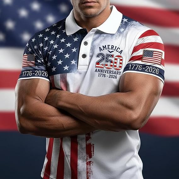 Custom Patriotic American Flag Polo Shirt for Men - American 250th Anniversary 1776 2026 Polo, 4th of July Gifts