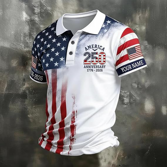 Custom Patriotic American Flag Polo Shirt for Men - American 250th Anniversary 1776 2026 Polo, 4th of July Gifts