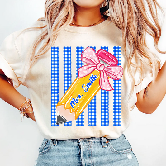 Custom Teacher Name, Striped Back To School Pencil Bow, Pre-K To Fourth Grade Teacher