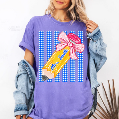 Custom Teacher Name, Striped Back To School Pencil Bow, Pre-K To Fourth Grade Teacher