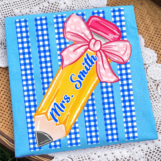 Custom Teacher Name, Striped Back To School Pencil Bow, Pre-K To Fourth Grade Teacher