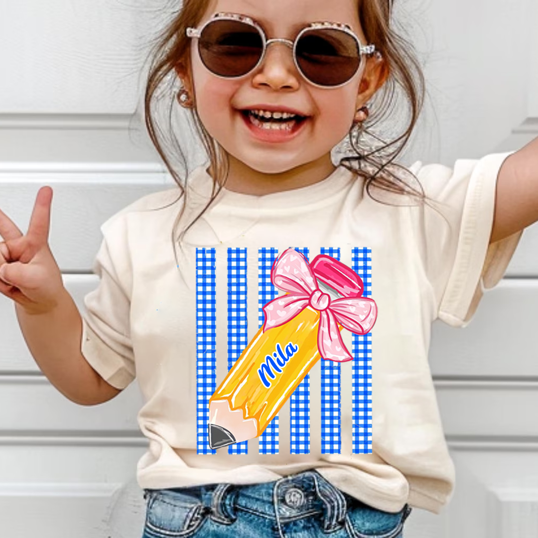 Custom Teacher Name, Striped Back To School Pencil Bow, Pre-K To Fourth Grade Teacher