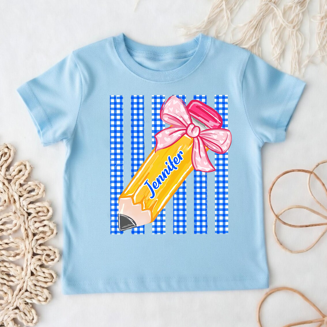 Custom Teacher Name, Striped Back To School Pencil Bow, Pre-K To Fourth Grade Teacher