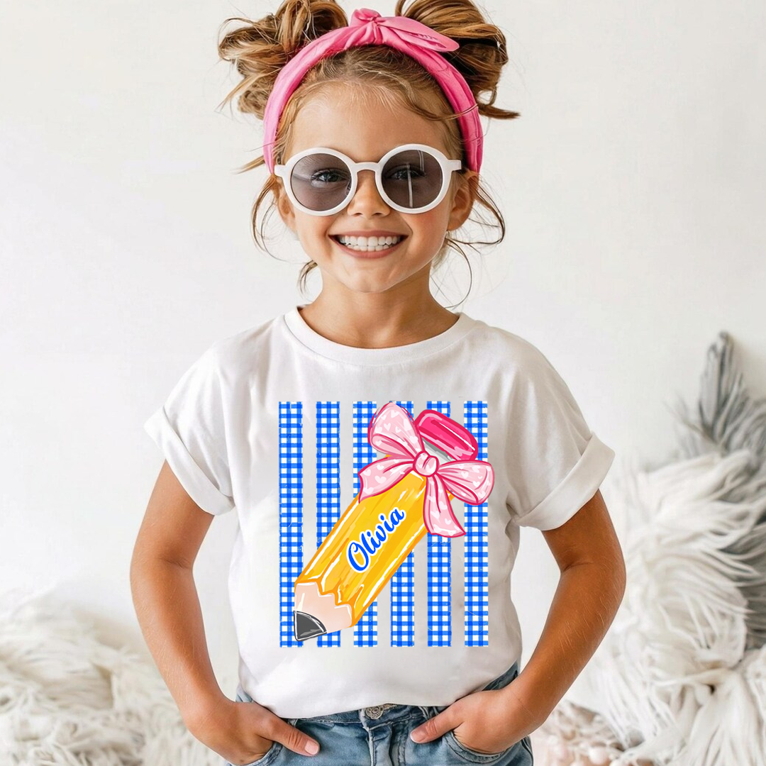 Custom Teacher Name, Striped Back To School Pencil Bow, Pre-K To Fourth Grade Teacher