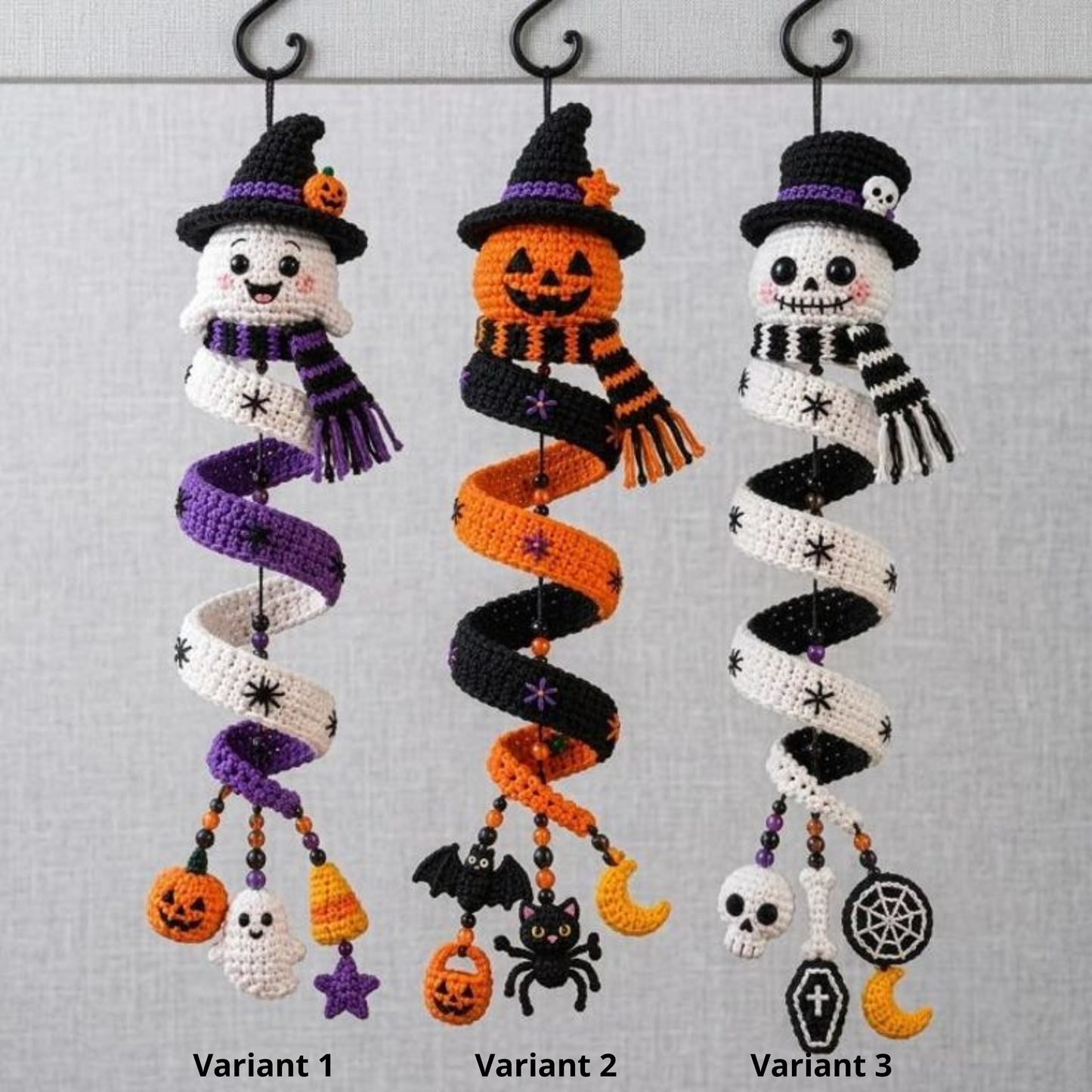Halloween Spiral Ornament Crochet Ghost Witch Pumpkin & Skeleton Amigurumi Intermediate 18-20 Inch Hanging Garland