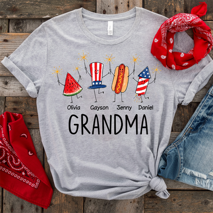Cute Fourth of July Personalized Grandma and Grandkids Watermelon Hotdog Firework T-shirt