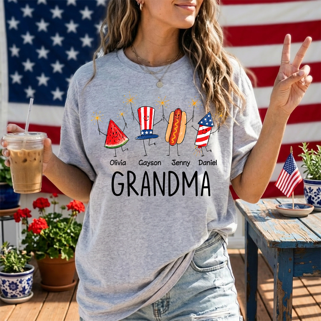 Cute Fourth of July Personalized Grandma and Grandkids Watermelon Hotdog Firework T-shirt