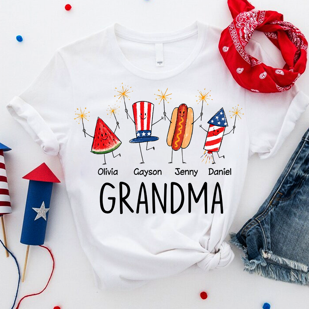Cute Fourth of July Personalized Grandma and Grandkids Watermelon Hotdog Firework T-shirt