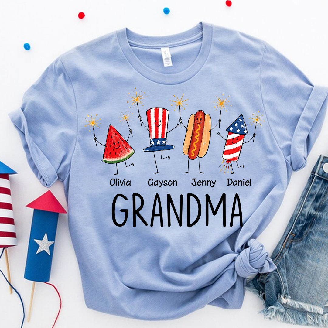 Cute Fourth of July Personalized Grandma and Grandkids Watermelon Hotdog Firework T-shirt