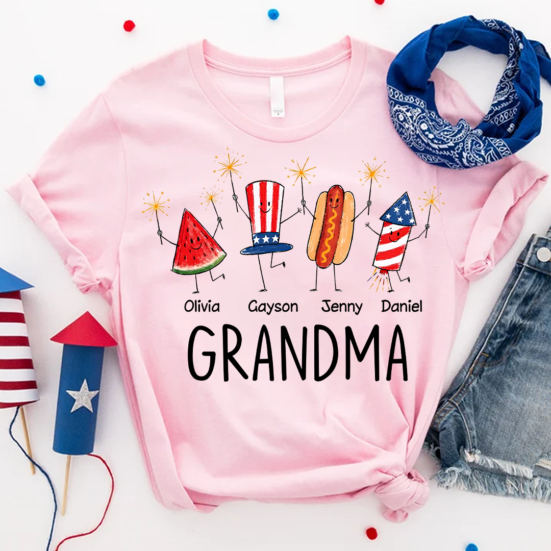 Cute Fourth of July Personalized Grandma and Grandkids Watermelon Hotdog Firework T-shirt